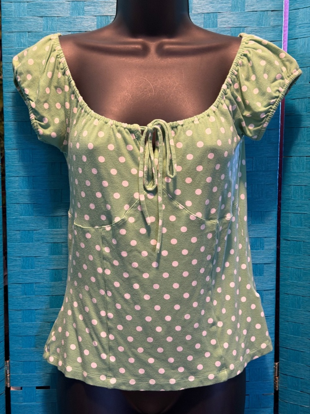 Dolly And Dotty Retro Tie Front Peasant Top Green Polka Dot